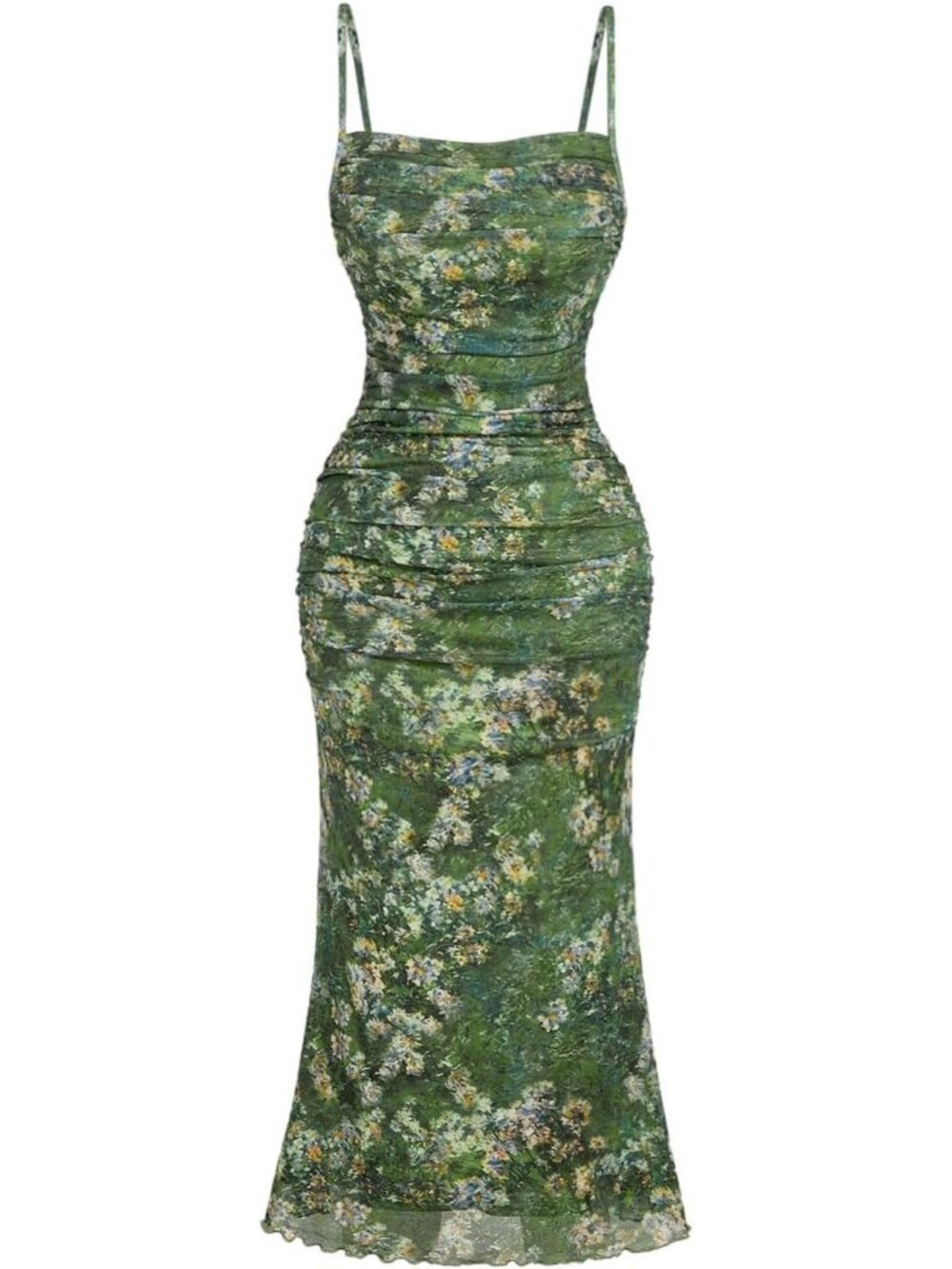 Women's Green Florals Polyester Elastane Floral Spring Midi Sun Dress For Beach
